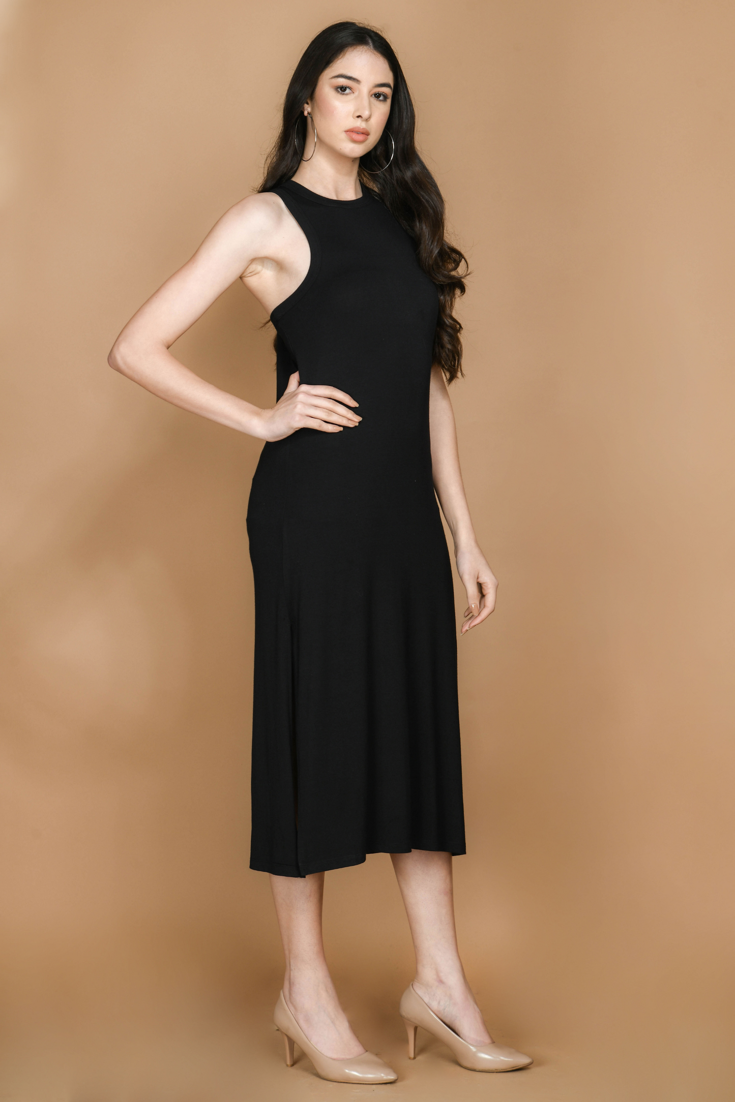 Black Sleeveless Long Side-slit Cami Dress #108
